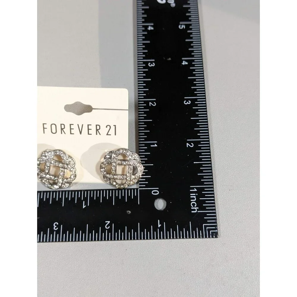 Forever 21 Silver Tone Round Knot Crystal Cut Out‎ Stud Pierced Earrings